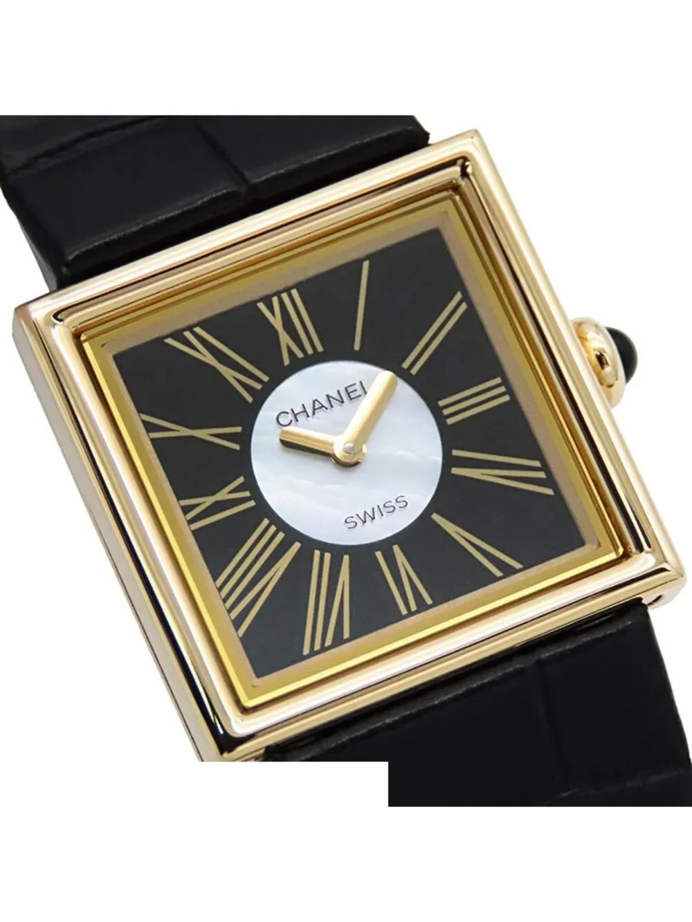 Chanel Mademoiselle Black 18K Yellow Gold Leather Shell Dial Watch Quartz